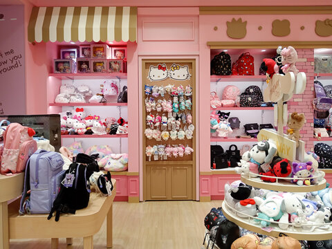 Taipei, Taiwan - March 26, 2025: Retail store featuring Sanrio characters with various plush toys and accessories on display in Taoyuan airport in Taipei.