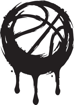 Stylized basketball graffiti art with dripping black paint, urban streetwear style illustration for sports apparel and accessories, bold graphic design element.
