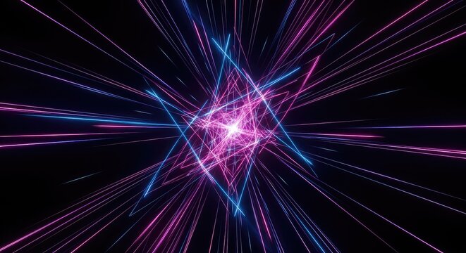 Glowing neon lines and geometric shapes burst across a dark canvas, creating a vibrant pulse of pink, blue, and purple light for celebration, geometric, backdrop, colorful