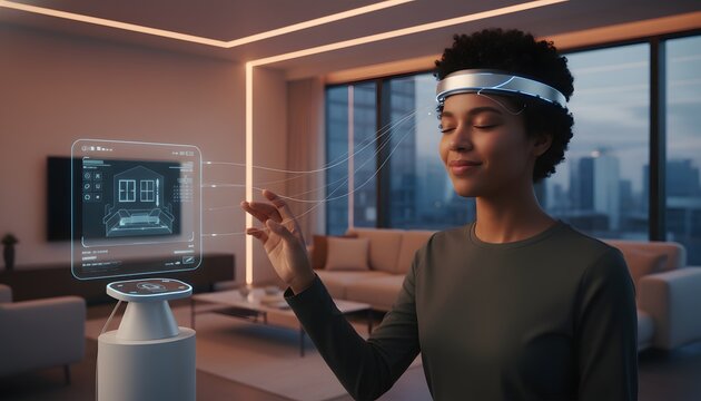 A woman uses a futuristic headset to interact with a holographic smart home interface displaying house plans