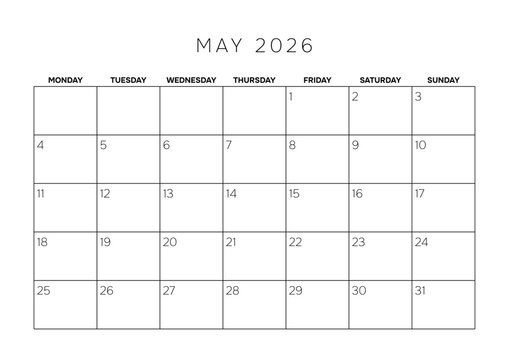 May 2026 Professional Monthly Calendar Template A4 Minimalist Planner Grid for Corporate Scheduling and Project Management