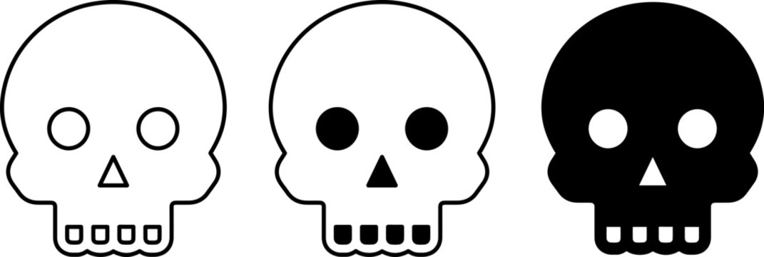 Set of three skull icons in different styles isolated on white background