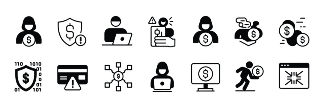 Cyber fraud icons hacking phishing scam money theft security warning vector illustration