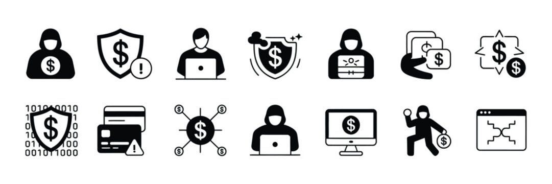 Fraud icon vector set hacking phishing money theft cyber risk security alert warning illustration