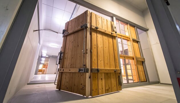 Heavy wooden shutters secured from the inside, blocking light and providing robust security to interior windows