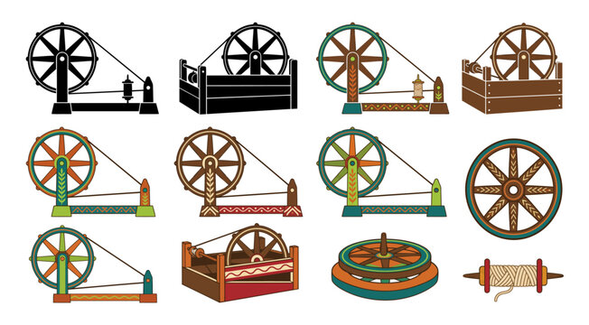 Spinning wheel collection various styles on transparent background
