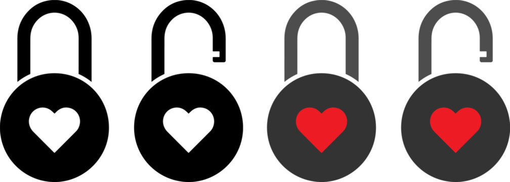 Set of heart padlocks icons, locked and unlocked love locks