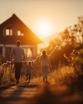 Family's Dream Home: A family walks hand-in-hand towards their dream home at sunset, symbolizing growth, prosperity, and the pursuit of happiness with a rising graph overlaid.