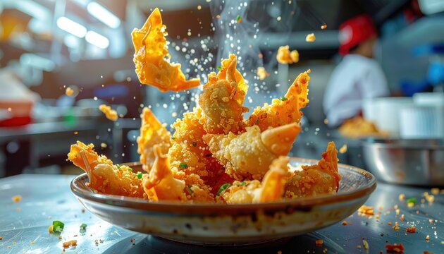 Crispy fried wontons filled with minced pork and shrimp piled high in a rustic bowl, a delicious Asian appetizer