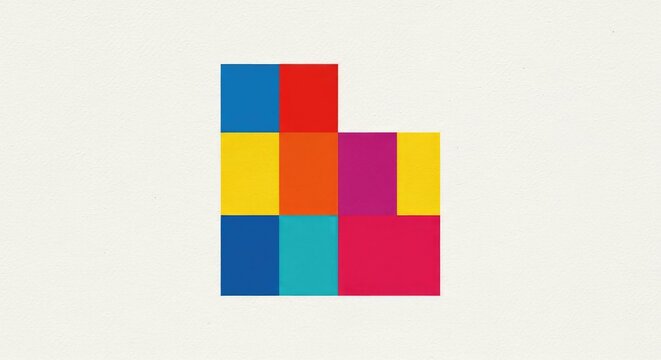 Minimalist geometric abstraction featuring solid colored shapes like squares and rectangles on a textured off-white vintage aged canvas, yellow, arrangement, painting