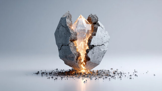 Glowing crystal diamond emerging from a cracked grey stone on a clean background, concept of hidden potential and discovery