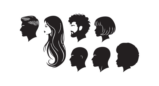 Modern human profile silhouettes with varied hair lengths and textures including beard and short styles for web vector.