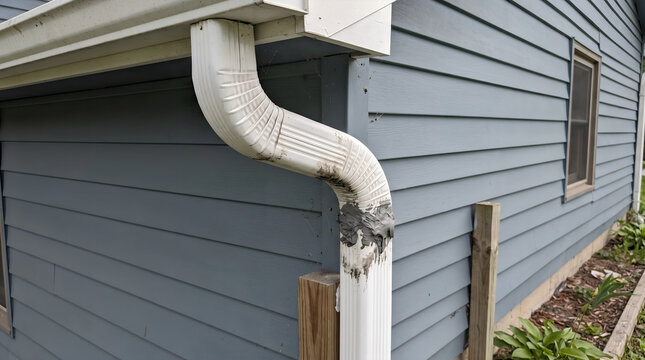 Close up of a residential white vinyl gutter downspout poorly repaired with grey silicone sealant on a  house wall.