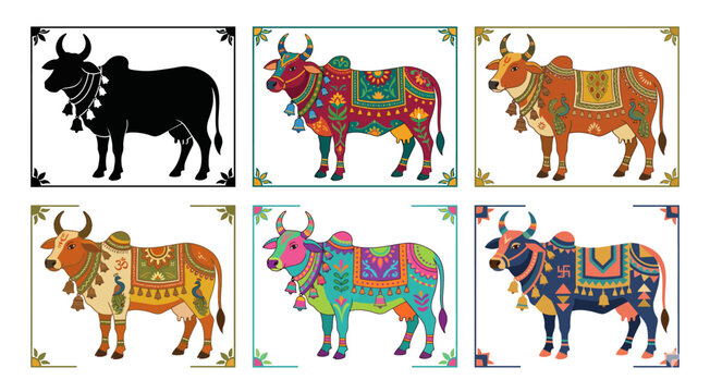 Indian cow illustrations with decorative patterns on transparent background