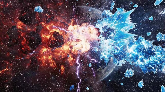 Cosmic collision of ice and fire planets exploding with debris and lightning bolts in deep space