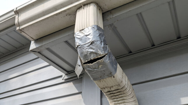 Close up of a broken white vinyl gutter downspout elbow poorly repaired with peeling silver duct tape.