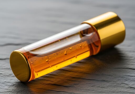 Golden essential oil roller bottle on a dark textured slate background
