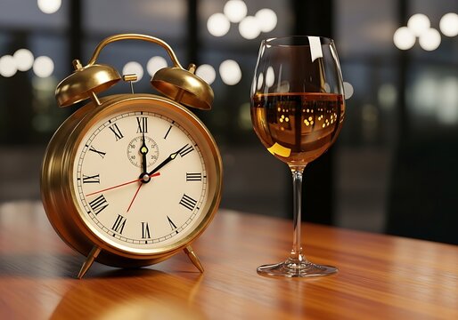Golden alarm clock and a glass of white wine on a wooden table