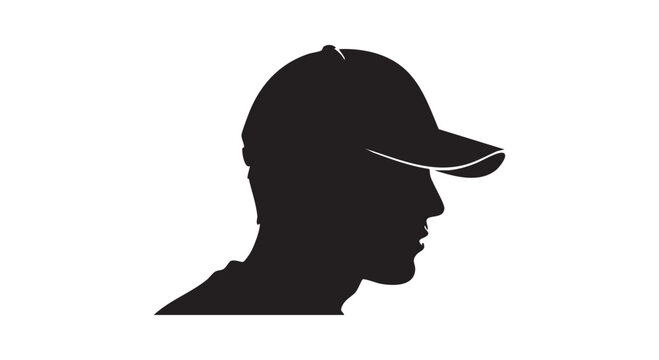 Profile silhouette of young man wearing baseball cap facing right side isolated on white background for graphic design.
