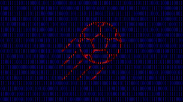 Digital Soccer Ball Flying Through Abstract binary Background with Orange Trails,A stylized digital soccer ball, rendered in orange pixels, streaks across a dark blue, grid-patterned background, le