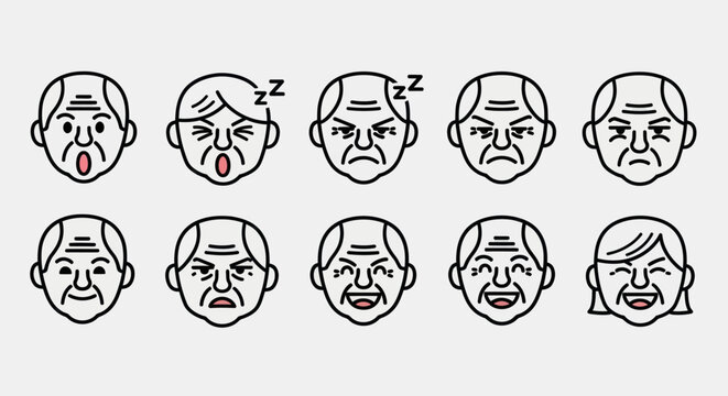 Elderly faces diverse emotions and expressions