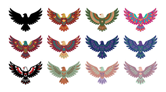 Eagle designs with ornate wings on transparent background