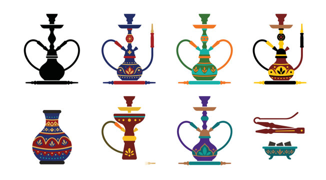 Collection of colorful hookah pipes and components on transparent background