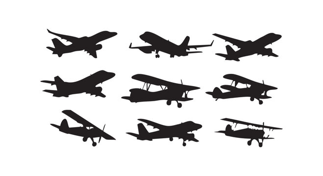 Selection of various aircraft models including passenger jets and small propeller planes in black silhouette set.