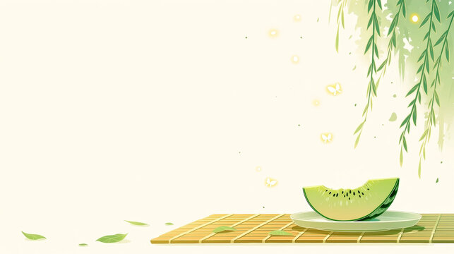 Minimalist summer illustration of a fresh green melon slice on a bamboo mat under willow branches