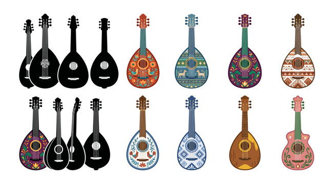 Collection of mandolins in various designs on transparent background
