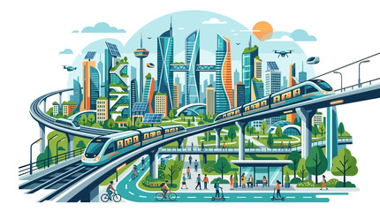 Fototapeta premium A vibrant cityscape with a futuristic elevated train system and people walking and cycling in a modern urban environment