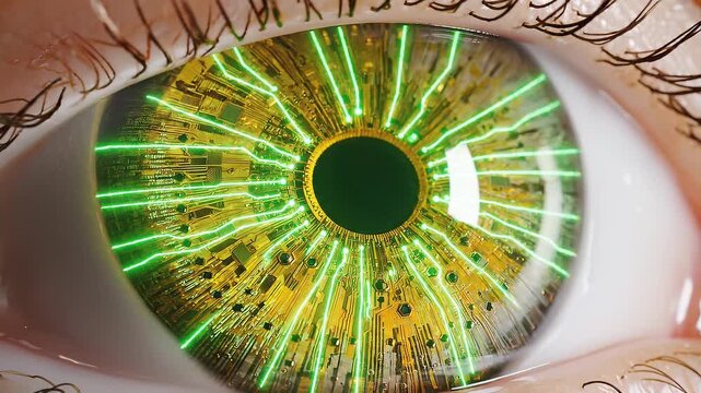 Closeup human eye with intricate golden circuit board inside the iris. Biology and technology fusion, futuristic bionic look, symbolizing artificial intelligence, cybernetics, and digital evolution