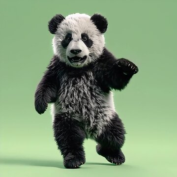 Cute panda bear walking and dancing in a funny cinematic sequence of a realistic 3d animated character motion clip