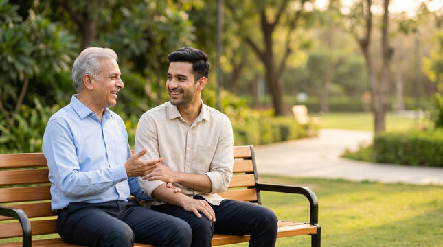 senior father and adult son sharing warm conversation outdoors for fathers day gratitude and family love concept