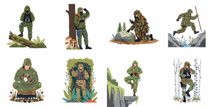 Collection of Illustrative Scenes Featuring Characters in Camouflage Ghillie Suits and Tactical Gear Navigating Diverse Wilderness Terrains.
