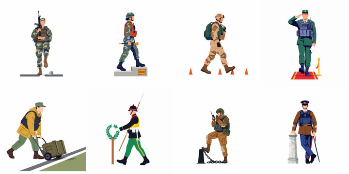 Collection of Eight Military Personnel in Diverse Uniforms and Roles from Tactical Combat Training to Ceremonial Guard Duties Illustration Set