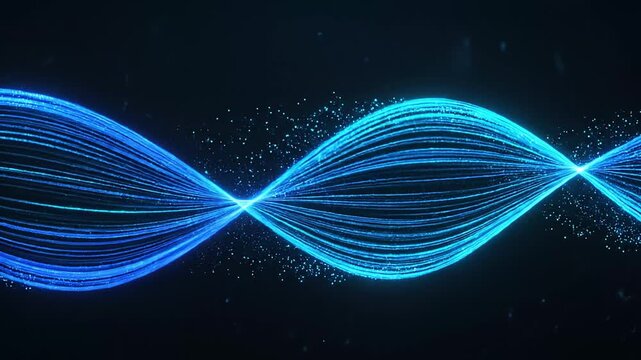 Futuristic abstract wave of glowing blue and cyan particle lines creating a dynamic digital data stream or energetic sound wave visual on a dark background