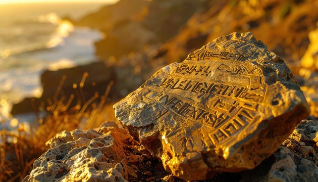 Detailed shot of a broken pottery shard bearing ancient Phoenician script illuminated by warm sunlight.