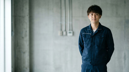 Obraz premium 手を後ろで組んで立つ設備管理・電気工事士の男性、求人・採用イメージ