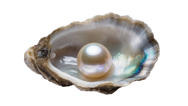 Isolated luxurious precious iridescent pearl shining inside an open natural mollusk oyster shell