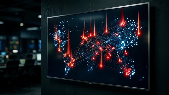 Medium shot of a sleek AIdriven fraud detection wall in dark theme featuring sharp anomaly alert visuals and connected network graphs in focus blurred surroundings enhance the main
