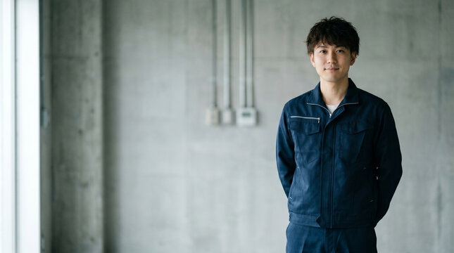手を後ろで組んで立つ設備管理・電気工事士の男性、求人・採用イメージ