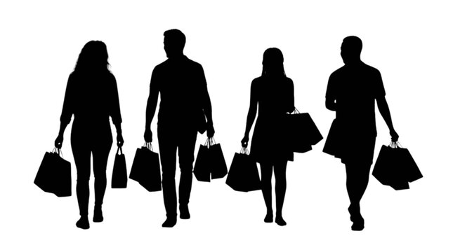 Four silhouettes shopping with bags walking together isolated on transparent background, Vector