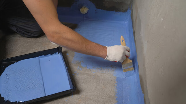 Close up of a worker hand using a paintbrush to apply a blue liquid waterproofing membrane on a concrete floor wall joint.