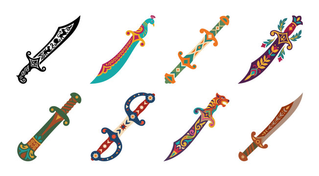ornate daggers and kris knives colorful vector illustration on white background