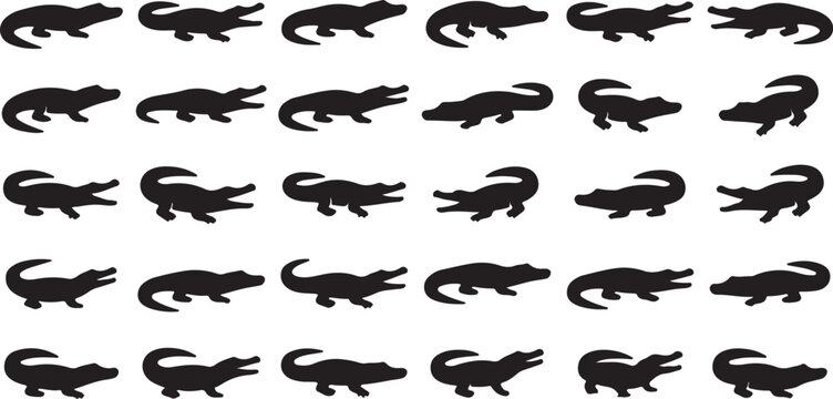Black silhouettes of various crocodile poses on white background