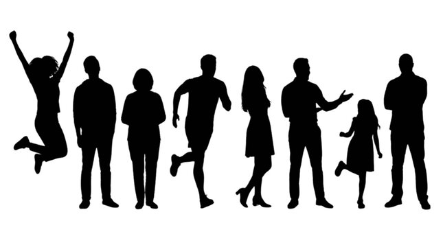 Silhouette family group running together outdoors isolated on transparent background, Vector