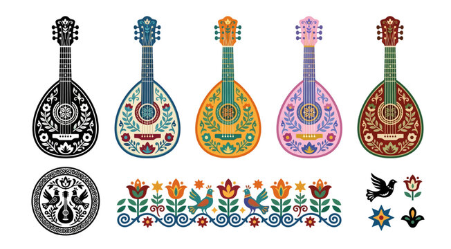 mandolin illustrations with floral ornaments and birds vector art