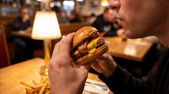 Close up profile of a man eating a bacon cheeseburger. Hungry male person holding a juicy beef burger with cheese and bacon in a dimly lit restaurant. Fast food meal