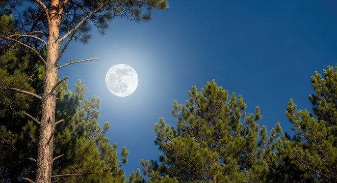 A full white moon hangs low over a dense forest of pine trees, casting a cold silver glow through the thick branches on a clear night, pine, background, celestial